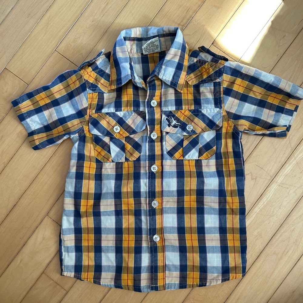 American Hawk - blue and mustard plaid shirt 2T